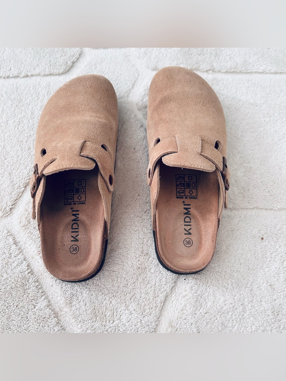 Women's Taupe Suede Slip-On Clogs with Buckle - Picture 5 of 7